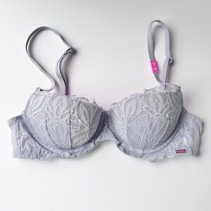 VS Pink Date Night Lace Bra Push Up NWT 34A Periwinkle Gray